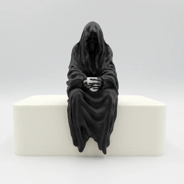 Sitting Grim Reaper with Teacup – 3D Printed Bookish Decor & Bookshelf Organisation